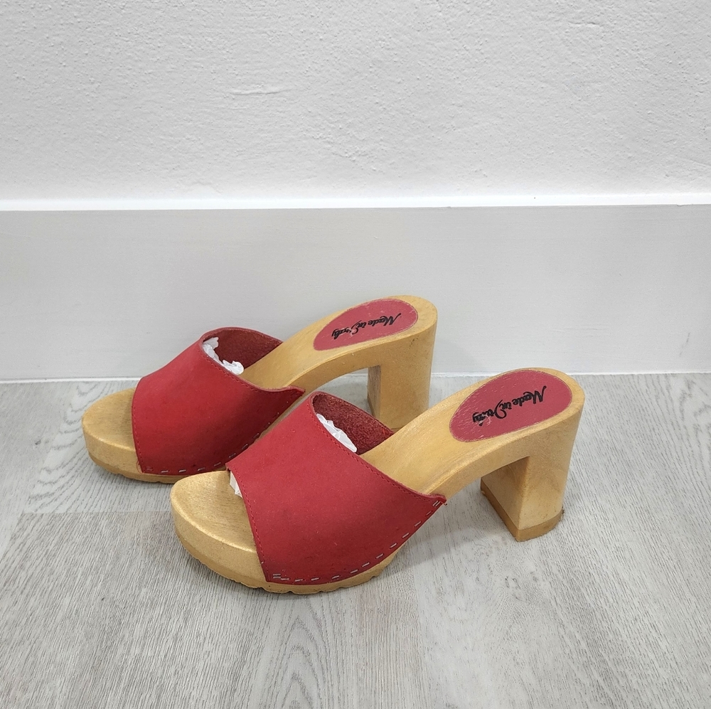 Made in Italy Vintage 1980's Wooden Clog Mule Platform Heel Sandals Red